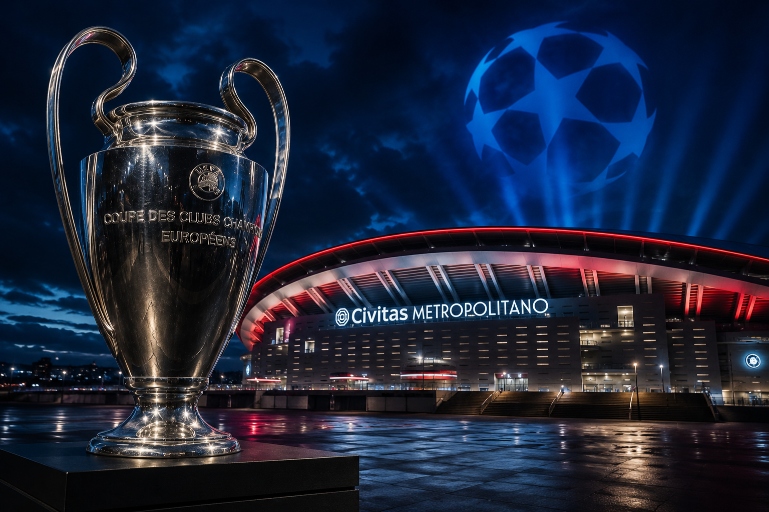 Trofeo de la Champions League frente al Metropolitano de Madrid